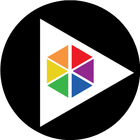 Modern Adulting logo: a black circle with a white play triangle holding six colored triangles