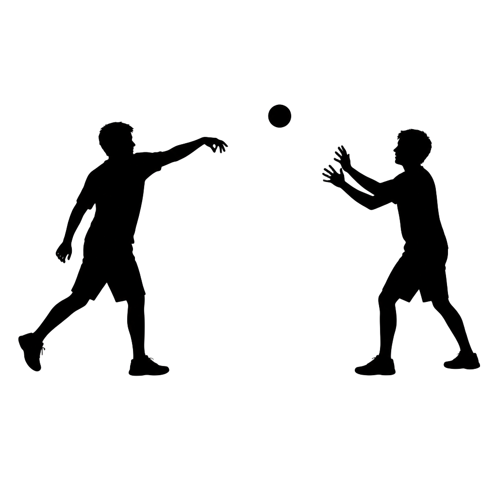 Black silhouette of two people playing catch, tossing a ball