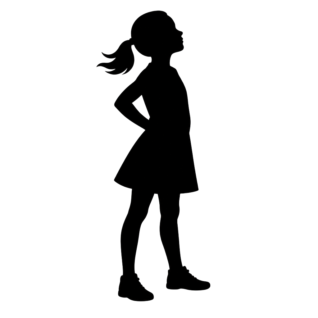 Black silhouette of the Fearless Girl statue, standing tall with hands on hips and chin raised
