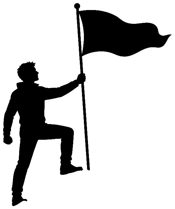 Black silhouette of a person planting a flag at the top of a peak