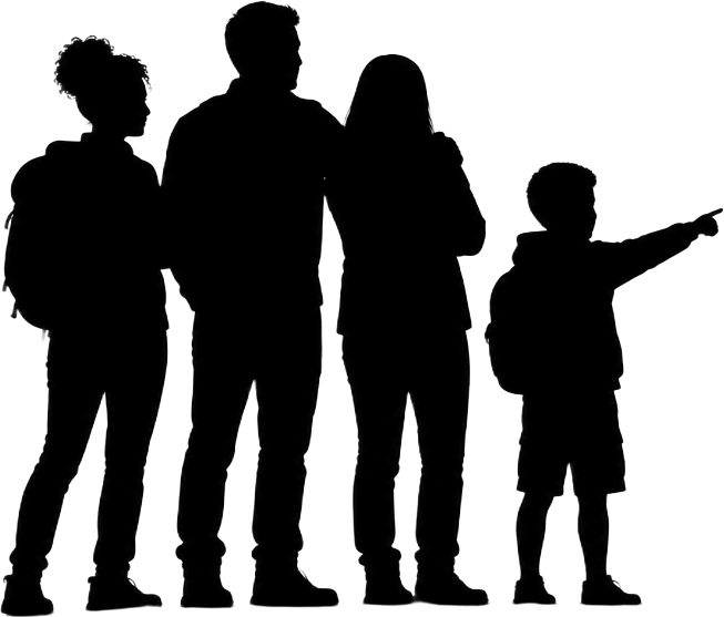 Black silhouette of a family looking toward the horizon, a child pointing ahead