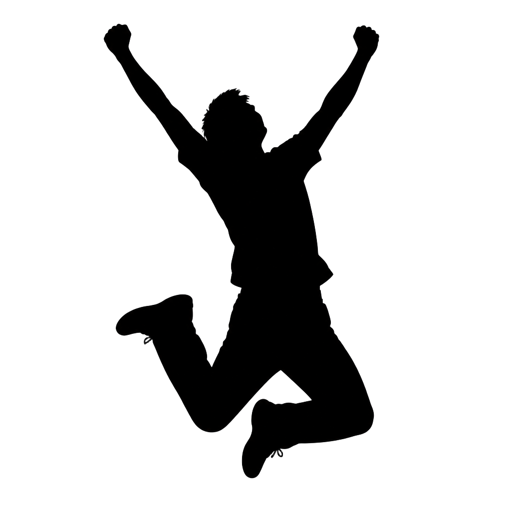 Black silhouette of a person leaping into the air with arms raised in triumph