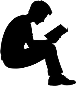 Silhouette of a person seated, reading a book