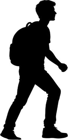 Silhouette of a person with a backpack walking forward
