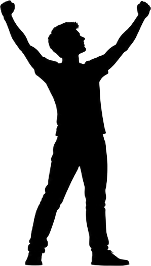 Silhouette of a person standing with arms raised in victory