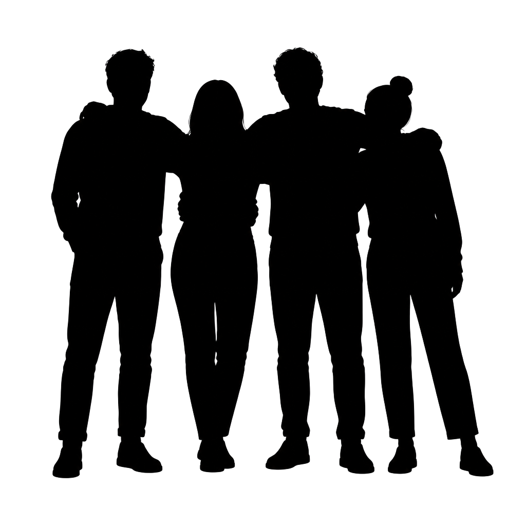 Black silhouette of four people standing together as a team